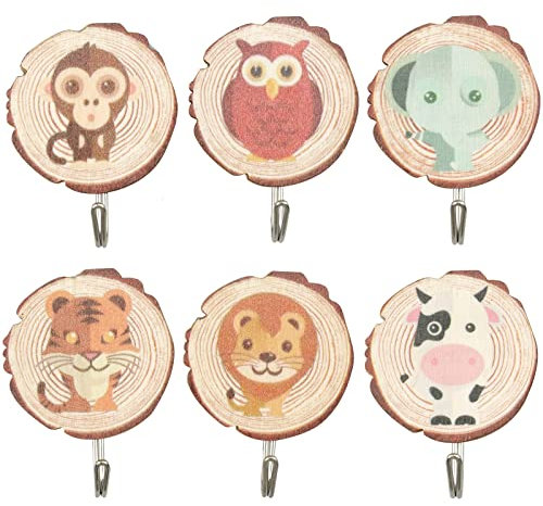 MytaYt 6 Stück Holzkleiderhaken für Kinder Klebehaken Holz Kinder Kleiderhaken Kleiderhaken Kinderzimmer Niedliche Raumdeko für Kühe Löwe Tiger Elefant Eule Affe für Handtücher Schlüssel Rucksäcke