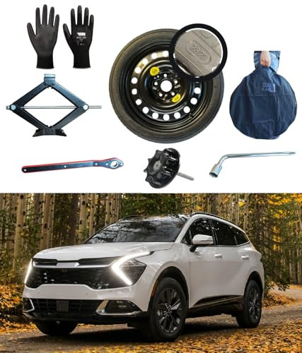 Kit Roue de secours Galette 17 compatible avec Kia Sportage avec Cric, Clé, Vis, Gants et Sac 135/90R17