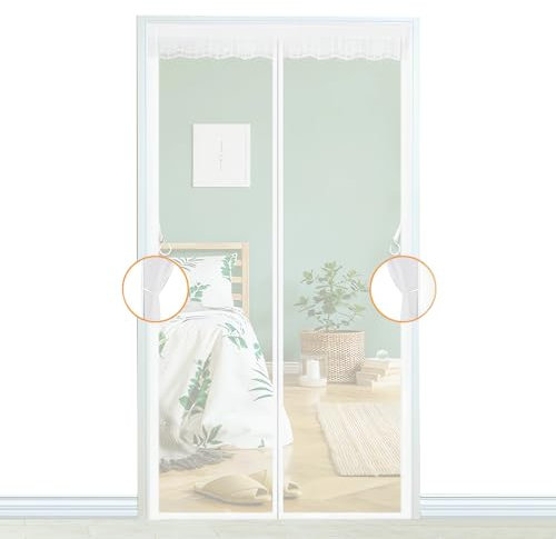 Magnetischer Fliegengitter-Tür, 90 x 205 cm (Breite x Höhe), Türvorhang, Mückenschutz, automatischer Verschluss, für Flur, Türen, Patio, Vorhang, einfache Installation ohne Werkzeug, beige gestreift