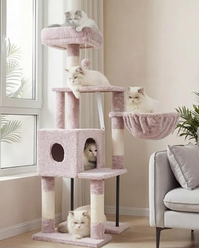 Heybly Rascador para Gatos, Árbol para Gatos De 125 Cm, Torre De Gato Espaciosa Y Cómoda con Guarida, Dos Grandes Plataformas, Cesta, Robustos Tubos De Acero, Beige Marrón HCT200SMU-