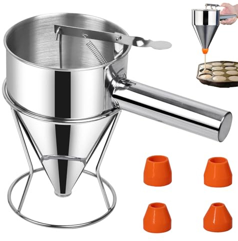 Distributeur de Pâte 600 ml, Entonnoir a Piston Inox, Support et 4 Buses Différentes, Distributeur de Pate pour Les Gâteaux, Entonnoir de Cuisine en Acier Inoxydable pour, Crêpes, Gâteaux