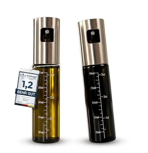 Leisure Life® | NUOVA INTRODUZIONE | Set di 2 spruzzatori per olio | Rivestimento in acciaio inossidabile da 1 mm | Vetro con protezione UV | Senza BPA | Nebulizzatore per olio da 100 ml