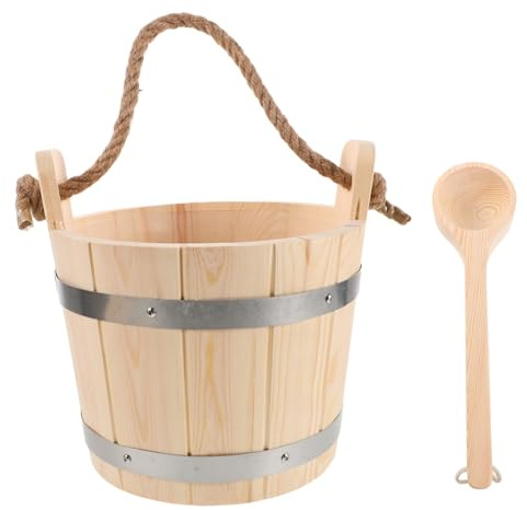 TOGEVAL Accesorios para Sauna con Cubo de Madera Natural y Revestimiento Cucharón para Agua Versátil para Baño de Vapor Ducha y Riego de Jardín