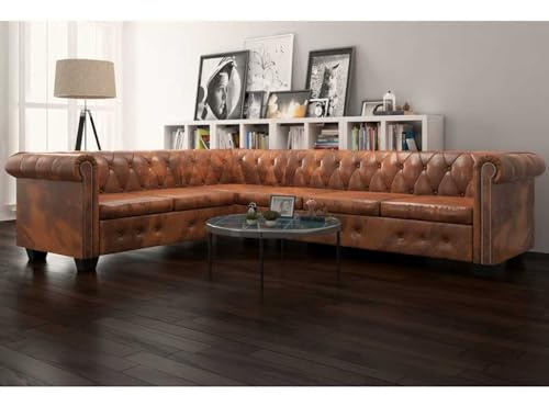 Emmtore Sofá de Esquina Chesterfield 6 plazas Cuero Artificial marrón