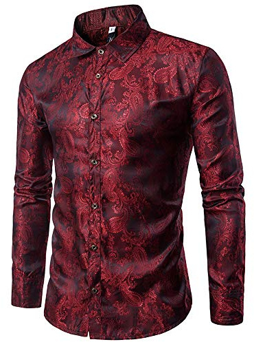 Allthemen Camisa de Cachemir para Hombre, Camisas de Seda Jacquard para Hombre, Camisas de Vestir de Manga Larga, Cuello con Botones, Camisas de Esmoquin Casuales
