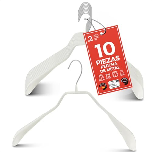 MAWA Perchas, Set de 10 Perchas Metálicas Ergonómicas, Ideales para Abrigos, Chaquetas, Blazers y Trajes, Gancho Giratorio 360°, Revestimiento Antideslizante, 38 cm, Blanco