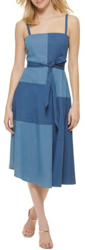 DKNY Damen Sleeveless Denim Patchwork Belted Dress Kleid, NVY/Blau, 34