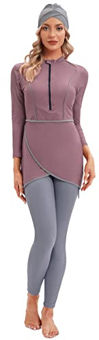 Burkini Costumi da bagno per le donne Modeste Musulmano Costume da bagno islamico a maniche lunghe Burkini Full Cover Hijab Top Pantaloni, Viola chiaro + Grigio, L