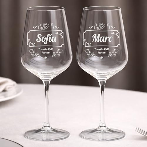 Wanapix | Calice di Vino Personalizzato | Bicchiere da Vino | Cristallo di Boemia | Inciso al Laser | 45 cl | Set da 2 | Regalo originale | Anniversario