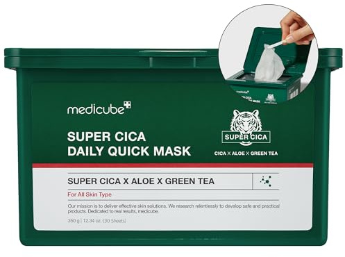 Medicube Super Cica Daily Quick Facial Masks (30 Sheets) - 60-Second Soothing & Hydrating Facial Mask with 88% Cica, Instant Cooling & Moisturization - 100% Vegan Certified, Korean Skincare