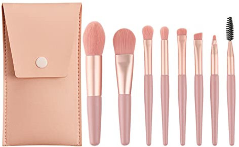 Witbicg - Lot de 8 pinceaux de maquillage bon marché - Pinceaux de maquillage professionnels anti-cernes, fard à paupières, fard à joues - Pinceaux de voyage pour femmes et filles (rose + sac en cuir)