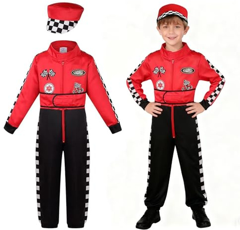 maxToonrain Costume da pilota deluxe da corsa con cappello, per bambini, per Halloween, giochi di ruolo, Natale, Giornata mondiale del libro (rosso, 7-8 anni)