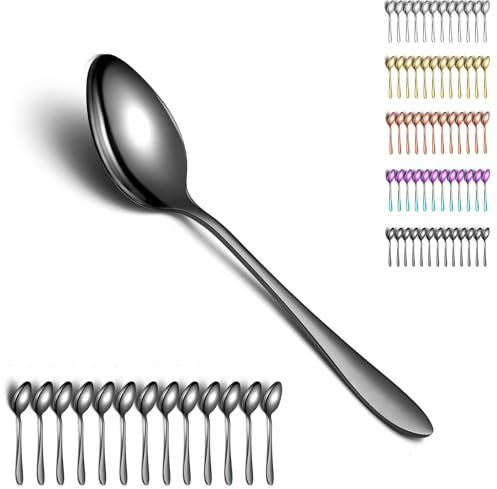 Berglander Cuillères à soupe noires 12pcs, cuillère à dîner en acier inoxydable plaqué titane, cuillère à Table, cuillères argenterie pour la maison, Restaurant, hôtel, usage quotidien