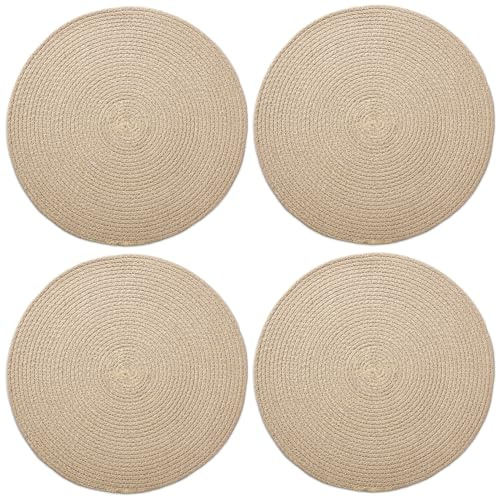 Encasa XO Placemats, Round Cotton Handcrafted Mats 32 cm Beige | Handcrafted Coiled Rope Cotton | Ribbed Texture | Non-Slip Heat Protection | Machine Washable | Set of 4