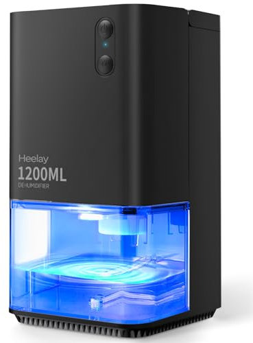 Heelay® Deumidificatore，1200 ml deumidificatore casa silenzioso Piccolo elettrico Basso consumo 7 colori LED Portatile Spegnimento automatico Bagno Armadio Camera da letto Ufficio Camper Nero