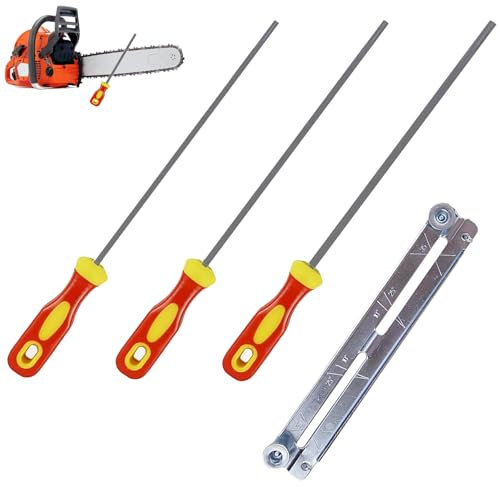 Affilacatene per Motosega, 3 Pezzi, Set di Lime con Impugnatura e Supporto per Lime, Strumenti per L'affilatura, 4,0 mm, 4,8 mm, 5,5 mm, per L'affilatura Manuale Delle Catene di Motoseghe