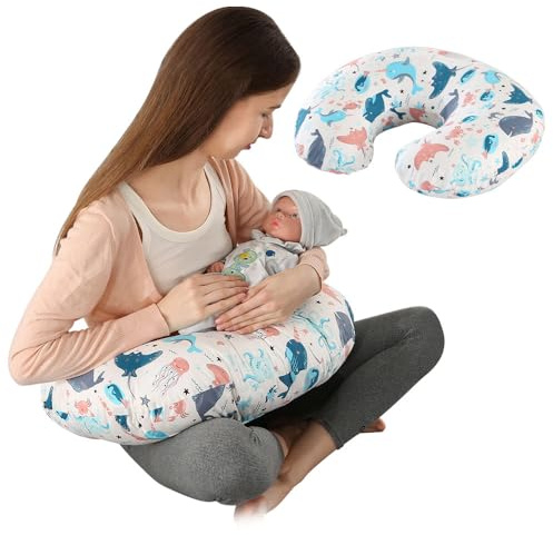 Labtec Cojín de lactancia pequeño, almohada de lactancia y embarazo para alimentación con biberón, tiempo boca abajo, apoyo para el asiento, 100% algodón y funda de almohada desmontable, animales