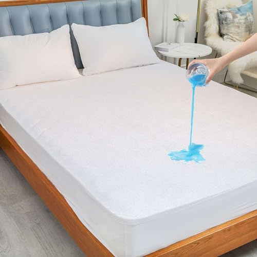 Cottington Lane Queen 100% Waterproof Mattress Protector, Machine Washable Premium Terry Cotton Fitted Style Cover Fits Upto 12 Inch, White