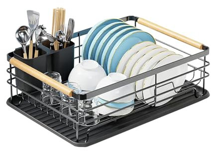 ATEK Dish Drainer Rack – Modern Design Drip Tray Plate, Cutlery, Pots and Drying Rack for Kitchen Removable with Wooden Handle Dish Drying Rack Cutlery Holder Countertop Easy Assemble (Black)