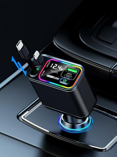 EFFIFLOW Retractable Car Charger USB C & Lightning, 107W Fast Charging Type-C Car Charger with Built-in Lightning Cable, Compatible with iPhone 16/15/14, Samsung S24/S23/S22, Pixel 9/8/7 - Black