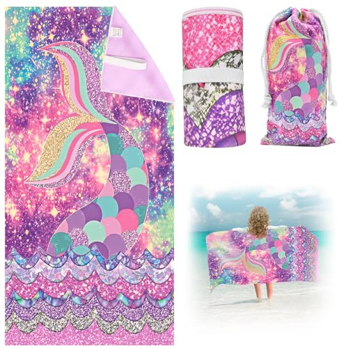 Cyiecw Serviette de Plage Sirène 75 x 150 cm pour Fille, Séchage Rapide avec Poche, Serviette de Bain en Microfibre Ultra Absorbante pour Plage, Voyage, Natation (1)
