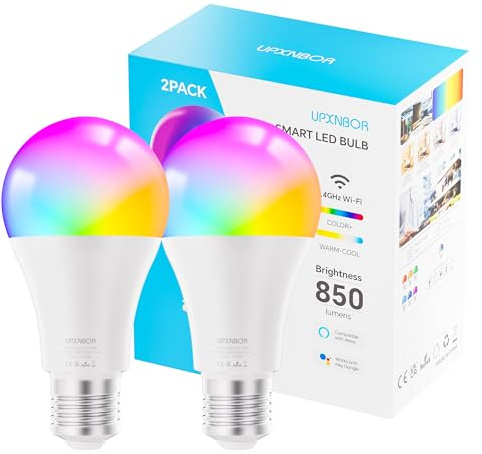 UPXNBOR E27 Smart Bulb, Alexa Light Screw Bulb A19, WiFi Smart Light Bulb 9W, 16 Million Colours, Dimmable RGB, Works with Alexa & Google Assistant, Schedule & Timer, Energy Saving, 2.4GHz Only,2 Pack