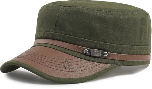 Men Flat Top Hat Cadet Army Cap Twill Cotton Baseball Military Cap Green