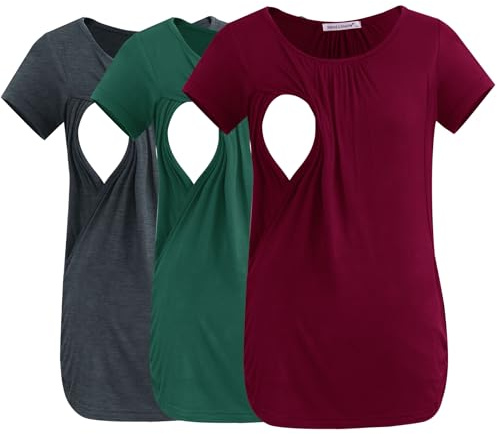 Smallshow Tee Shirt Allaitement Manches Courtes Tops Allaitement Femme Lot de 3,Deep Green-Deep Grey-Maroon,S
