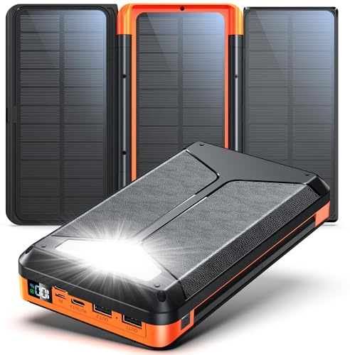 63200mAh Power Bank with 3 Solar Panels:Fast Charging 22.5W USB-C Portable Wireless Solar Charger External Battery Pack Phone Powerbank with Flashlight Digital Display for Phone Tablet Outdoor