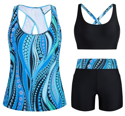 HUSKARY Womens Tankini Bathing Suits Three Piece Blouson Swimsuits Full Coverage Summer Sporty Beachwear Blue Waves Medium