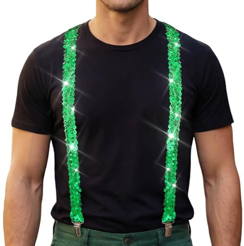 Zoestar St. Patrick's Day Sequin Suspenders Rave Sparkly Suspender Irish Festival Costume Accessories for Men and Women (Green)