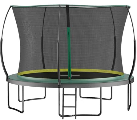 Generisch Trampolino da giardino senza molle, senza cuciture, 366 cm, con rete di sicurezza, design unico con cerniera, aste curve brevettate in fibra di vetro per uso in giardino