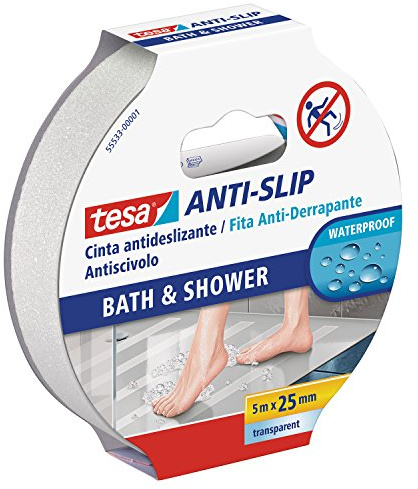 tesa Nastro Antiscivolo - Adesivo Antiscivolo per l?Uso Interno ed Esterno - Per Scale e Pavimenti Lisci - Nero - 5 m x 25 mm