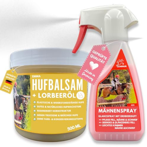EMMA Pferdepflege-Set Mähnenspray Pferd - Schweifspray für Pferde - Pferdeglanz Spray, Huffett Pferde Hufgel mit Lorbeeröl - Inhalt Putzbox für Pferde Mädchen Geschenk I Putzzeug für Pferde 0,25 0,5l