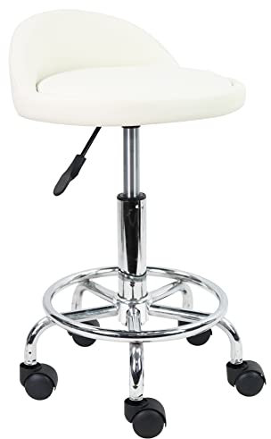 KKTONER PU Leather Round Rolling Stool with Foot Rest Height Adjustable Swivel Drafting Work SPA Task Chair with Wheels (White)