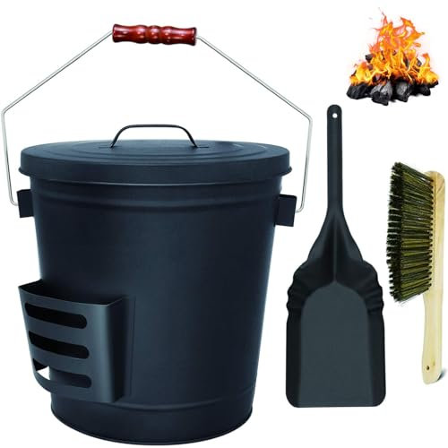 Seau à cendres pour cheminée avec couvercle, pelle et balai à main, 18 litres de charbon de bois, poêles à charbon, grands seaux métalliques à granulés, seau à bois chaud, outils de nettoyage