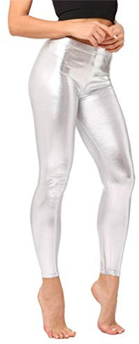 Fioeyr Ladies 80s Retro Metallic Shiny Wet Look Leggings Adult Disco Fancy Dress Costume Womens Outfit Pants Silver