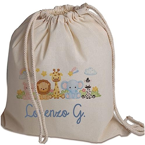 Sacchetto Porta Corredino Bebè Neonato Zaino A Sacca In Cotone 130gr Personalizzato con Nome e Animali Foresta Zoo Idea Regalo Natale Compleanno Primo Cambio Nuova Nascita Bimbo Bimba in Arrivo