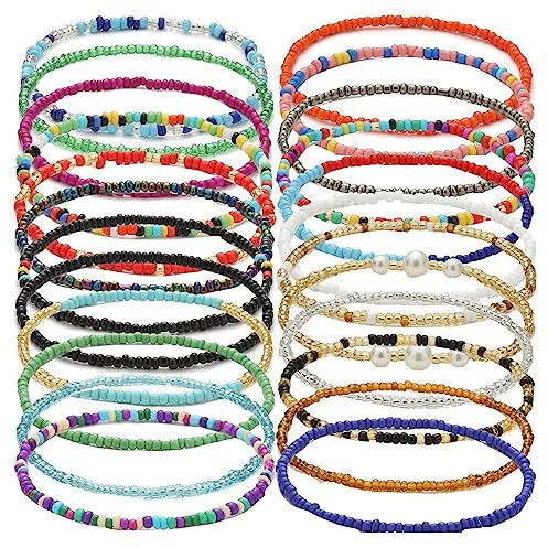 Böhmische 24 Pcs Armband, handgemachte Perlen Sommer Armband Elastischer Faden Bunte mehrschichtige Perlen Fußschmuck für Frauen Mädchen Damen