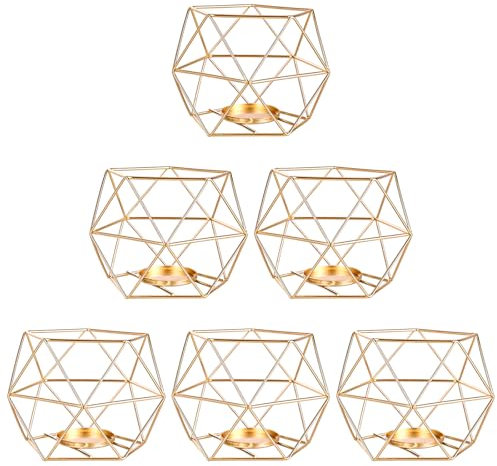 CYEER Lot de 6 bougeoir doré Géométriques en Métal, Vintage Chandelier Doré, Bougeoirs Pilier Géométrique Design Moderne de Anniversaire Maison Décoration Métal
