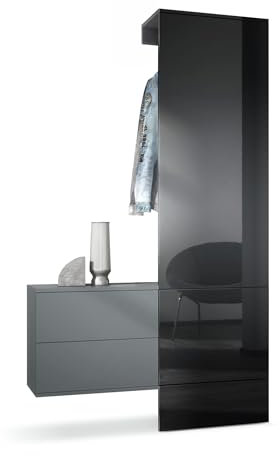 Vladon Garderobe Carlton Set 2, Made in Germany, Wandgarderobe aus Deko-Paneel & hängender Schubladen-Kommode, Anthrazit matt/Schwarz Hochglanz (105 x 193 x 35 cm)