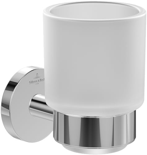 Villeroy & Boch Elements - Tender Glashalter, Zahnbürstenhalter für Wandmontage, Zahnputzbecher aus satiniertem Glas mit Halterung aus Zink, rund, Chrom