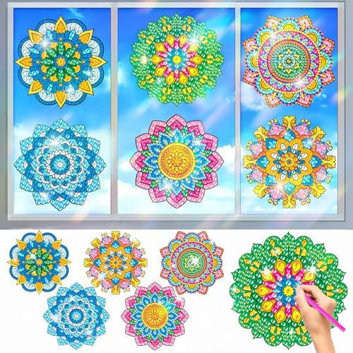 Diamond Painting Fensterbilder, CAYUDEN 6 Stück Mandala Buntglas-Fensteraufkleber DIY Diamond Suncatcher Kit Diamant Malerei Fensterkleber Kit Gem Sonnenfänger Diamond Stickers für Kinder Erwachsene