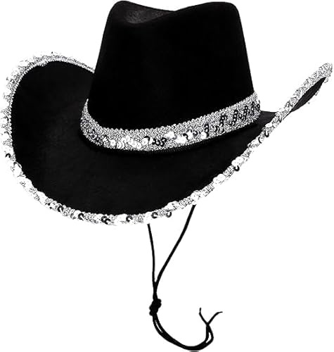 Toyland® 38 cm (15) Chapeau de cowboy noir avec bordure à paillettes argentées - Accessoires pour festivals, concerts, déguisements et enterrements de vie de jeune fille - 3 couleurs disponibles