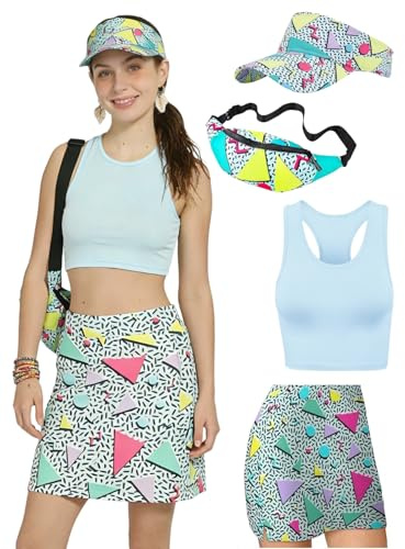 Kasahara 80s 90s Costume da Donna, Tuta da Allenamento Retro, Outfit Sportivo, Gonna, Crop Top, Borsa a Cintura, Visiera per Sole, Blu, XL