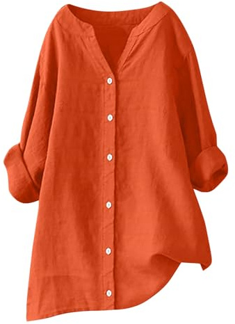 RLEHJN Chemise Lin Femme Manches Longues Tunique Femme Longue Chic Col en V Bouton Tops Unie Lâche Respirant T-Shirts Chemisiers Et Blouses Grande Taille Pas Cher Casual Tunique Blouse