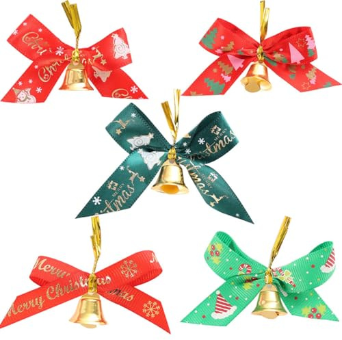 Juego de 20 campanas navideñas con lazo, rojo y verde, motivos navideños