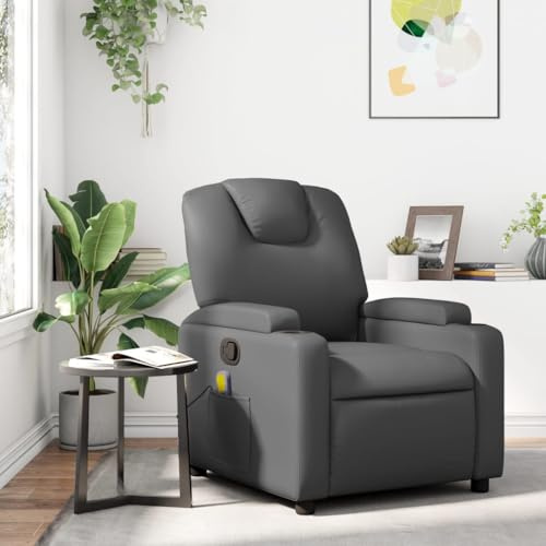 Qnhdfrt Poltrona relax grigio ecopelle con massaggio a 6 punti, funzione di riposo manuale fino a 135°, telaio in legno massiccio e metallo, 74 x 88 x 97 cm, salvaspazio per soggiorno, camera da letto