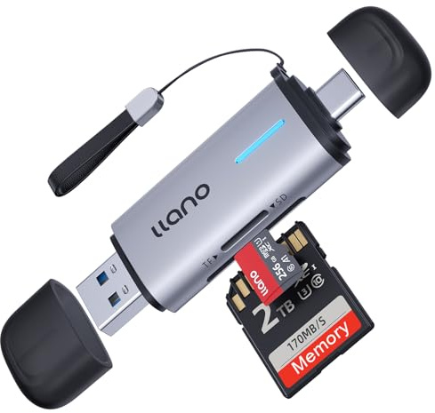 llano Lettore di Schede SD USB C, Doppio Slot USB 3.0 2-in-1 Adattatore Card Reader per SD/TF/Micro SD/SDHC, compatibile con Laptop, PC, Telefono, MacBook Pro/Air, iPad, Fotocamera – Bianco Argento