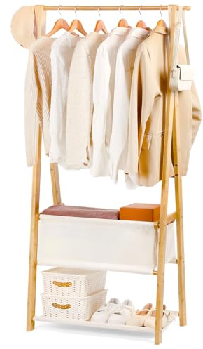 Relquorax Bamboo Clothes Rack with Storage Box and Storage Shelf, Portable Extra Large Garment Rack Clothing Rack, Foldable Wardrobe For Entryway and Bed Room (S - 31.5 Inch)